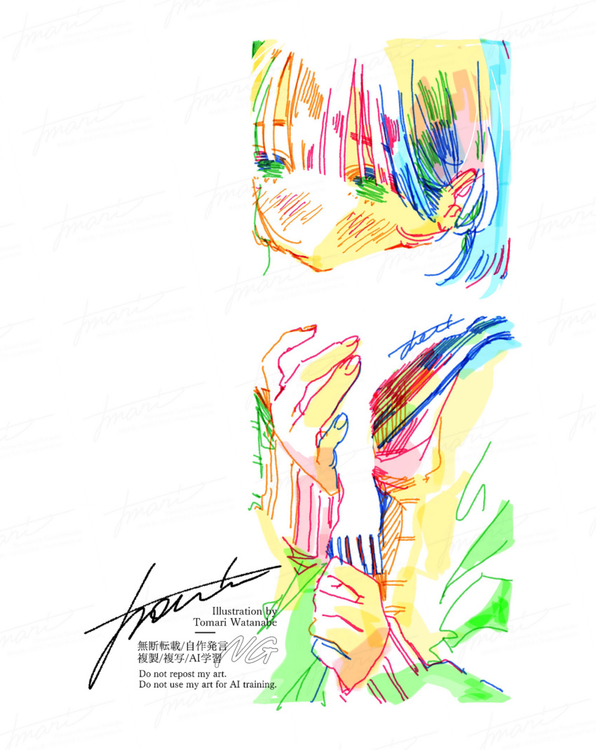 1girl artist_name blending blush border cardigan colorful hair_behind_ear hand_up hatching_(texture) highres long_sleeves medium_hair negative_space original procreate_(medium) sailor_collar scarf school_uniform serafuku signature solo upper_body watanabe_tomari watermark white_border