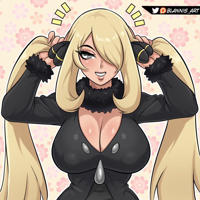 1girl alternate_hairstyle artist_name black_coat black_scarf black_shirt blannis blonde_hair breasts cleavage coat covered_erect_nipples covered_navel creatures_(company) cynthia_(pokemon) dot_nose eyebrows eyelashes female_focus fingernails fur_scarf game_freak grabbing_own_hair grey_eyes grin hair_over_one_eye hands_up large_breasts lips long_fingernails long_hair long_sleeves looking_at_viewer nintendo pink_background pokemon pokemon_dppt scarf shirt simple_background smile solo teeth very_long_hair