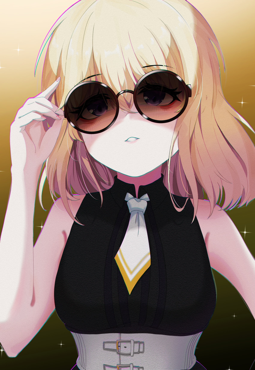 1girl absurdres adjusting_eyewear bang_dream! bang_dream!_it&#039;s_mygo!!!!! bare_arms black_dress blonde_hair chromatic_aberration commentary dress eyes_visible_through_eyewear highres medium_hair misumi_uika necktie parted_lips purple_eyes round_eyewear solo sunglasses tanuki_(pixiv33822028) upper_body white_necktie yellow_background