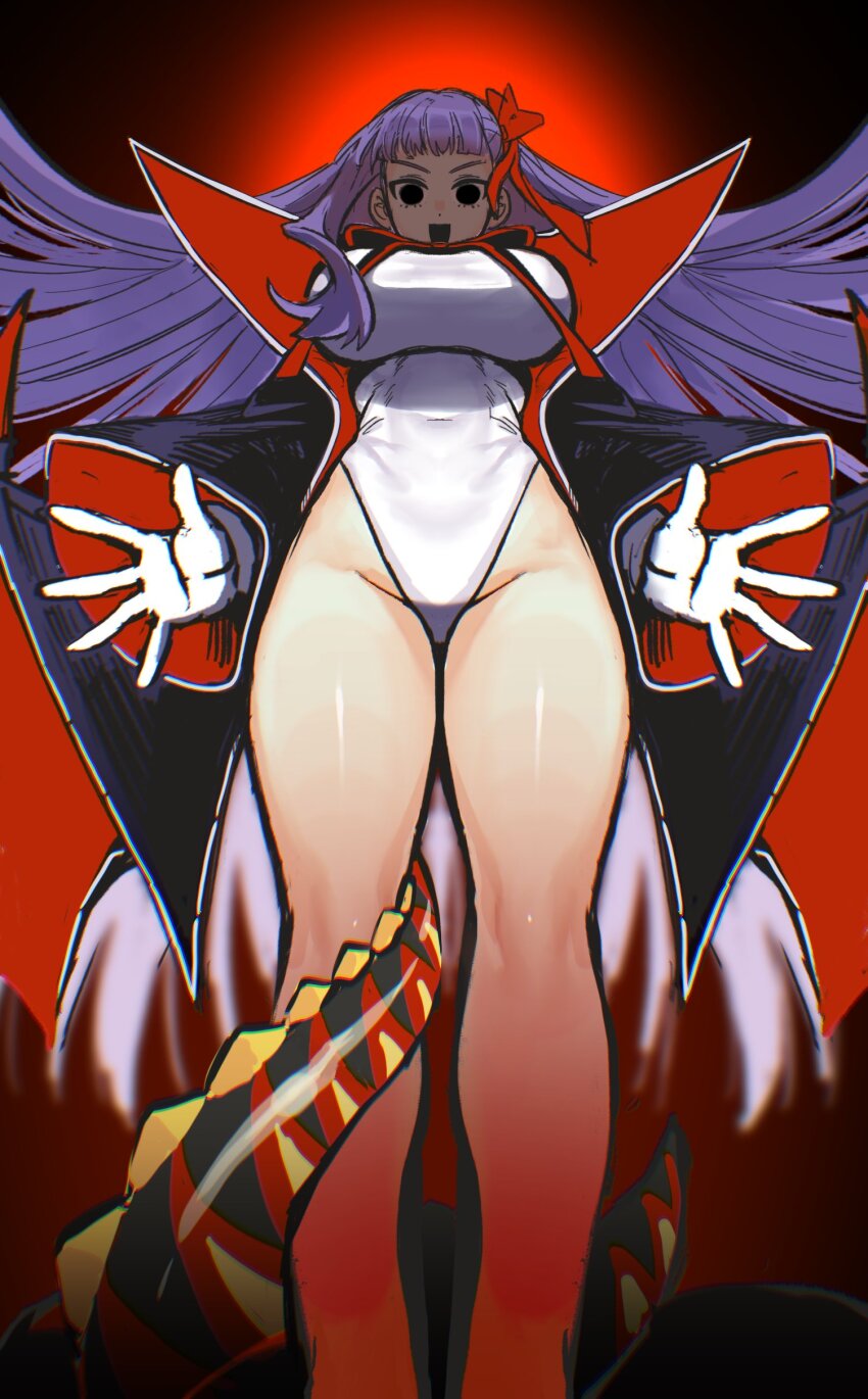 1girl absurdres bare_shoulders bat_wings bb_(fate) bb_(fate)_(all) bb_(swimsuit_mooncancer)_(fate) bb_(swimsuit_mooncancer)_(third_ascension)_(fate) black_coat breasts coat fate/grand_order fate_(series) gloves hair_ribbon highleg highleg_leotard highres large_breasts leotard long_hair looking_at_viewer neck_ribbon open_clothes open_coat open_mouth popped_collar purple_hair red_ribbon ribbon smile solo takustorage tentacles thighs very_long_hair white_gloves white_leotard wings