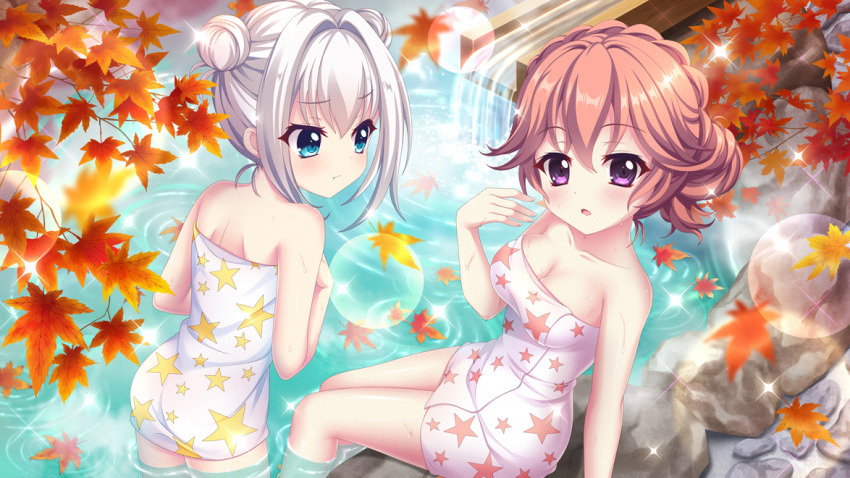 2girls :t ass autumn autumn_leaves blue_eyes blush braid breasts cleavage closed_mouth crown_braid dot_nose double_bun falling_leaves film_grain from_above game_cg haeno_akari hair_bun hair_up hand_up izumi_tsubasu large_breasts leaf leaf_on_liquid lens_flare looking_at_another looking_at_viewer multiple_girls naked_towel nishidate_haku non-web_source official_art onsen open_mouth pout print_towel purple_eyes re:stage! short_hair sidelocks single_hair_bun soaking_feet sparkle star_(symbol) star_print steam towel wading wet