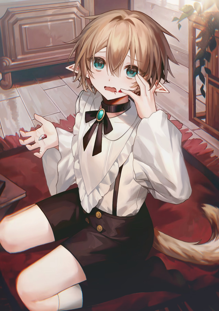 1boy absurdres bags_under_eyes bishounen black_choker black_footwear black_ribbon black_shorts blonde_hair blood blood_from_mouth blood_on_face blue_eyes boots broken_tooth buttons choker dog_boy dog_tail hand_on_own_cheek hand_on_own_face highres ilangasa juliet_sleeves long_sleeves male_focus open_mouth original plant pointy_ears puffy_sleeves ribbon rug shirt short_hair shorts sitting socks solo suspenders tail vampire wariza wavy_mouth white_shirt white_socks wooden_floor