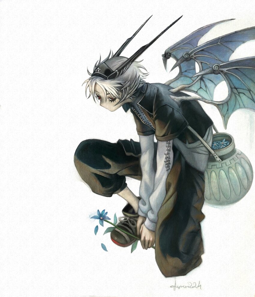 1boy absurdres bag black_pants black_shirt blue_flower brown_shirt brown_shoes flower glyvees highres mechanical_wings original pants red_eyes shirt shoes short_hair simple_background solo white_background white_hair white_sleeves wings