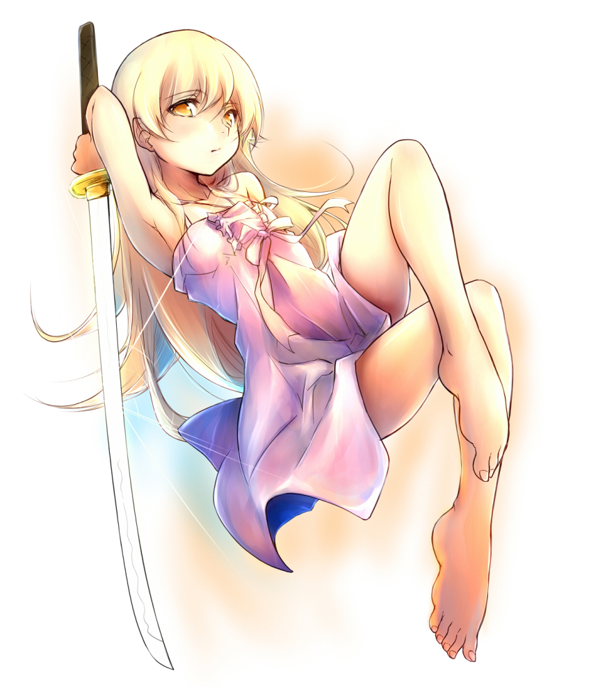 1girl bakemonogatari barefoot blonde_hair daiki dress feet female_focus highres legs long_hair long_legs monogatari_(series) oshino_shinobu solo sword toes weapon yellow_eyes