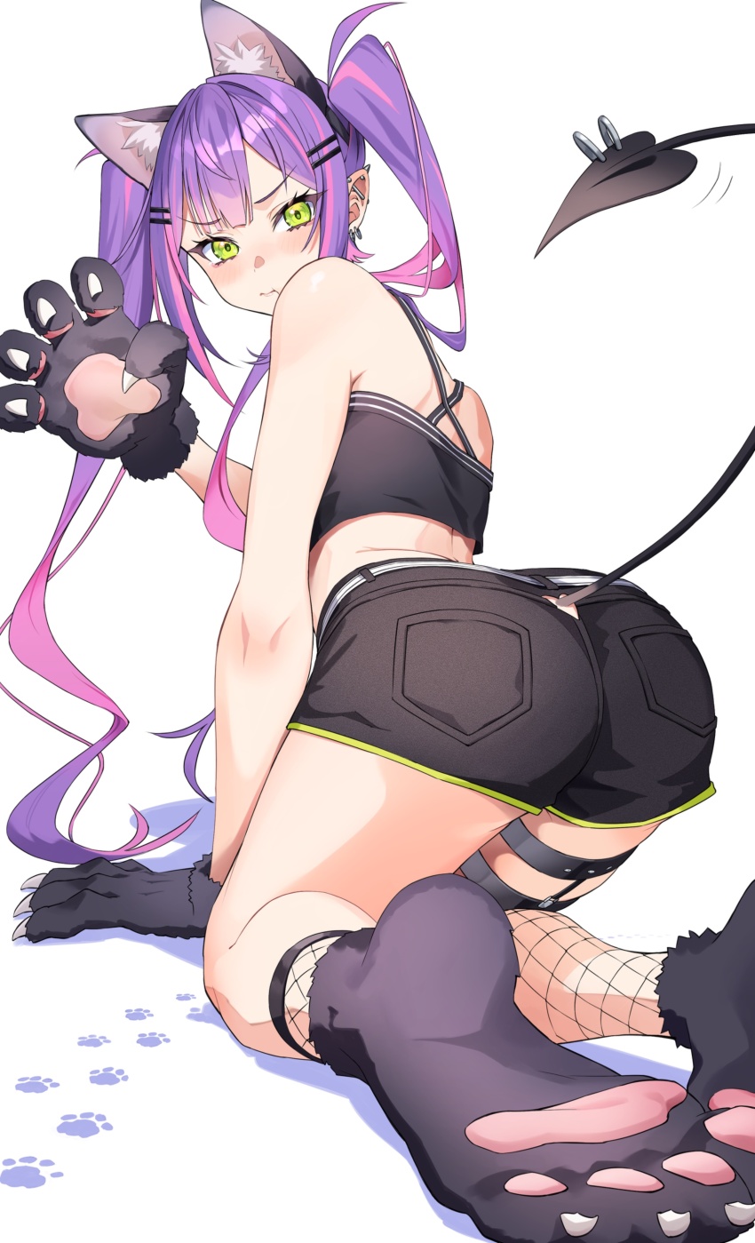 1girl absurdres animal_ear_hairband animal_ears animal_hands ass barbell_piercing belt black_gloves black_shoes black_shorts black_tank_top blush cat_ear_hairband cat_ears center-flap_bangs clothing_cutout colored_inner_hair commentary_request criss-cross_back-straps crop_top demon_girl demon_tail double-parted_bangs ear_piercing earrings fake_animal_ears fishnet_socks fishnet_thighhighs fishnets from_behind gashino gloves gradient_hair green_eyes hair_ornament hairband hairclip highres hololive industrial_piercing jewelry legwear_garter long_hair looking_at_viewer multicolored_hair paw_gloves paw_shoes piercing pink_hair pointy_ears pout purple_hair shoes short_shorts shorts simple_background single_thighhigh socks solo spiked_ear_piercing streaked_hair tail tail_ornament tail_piercing tail_through_clothes tank_top thighhighs tokoyami_towa tokoyami_towa_(1st_costume) twintails v-shaped_eyebrows virtual_youtuber white_background white_belt