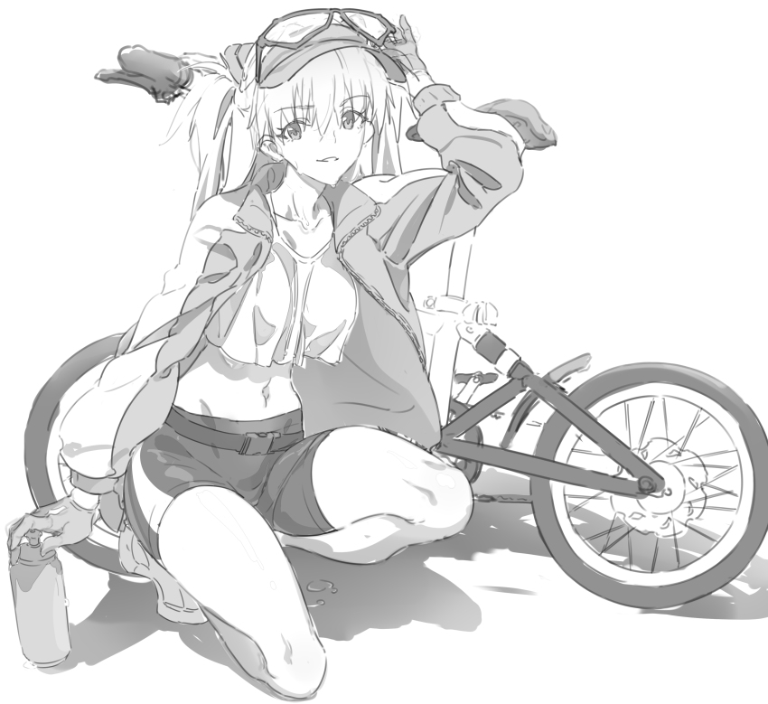 1girl :o absurdres alternate_costume artist_request bicycle breasts curvy full_body gloves goddess_of_victory:_nikke highres interface_headset jacket long_hair looking_at_viewer monochrome navel neon_genesis_evangelion open_clothes open_jacket pants shiny_clothes shirt shoes short_shorts shorts simple_background smile sneakers solo souryuu_asuka_langley squatting sweat wide_hips yoga_pants