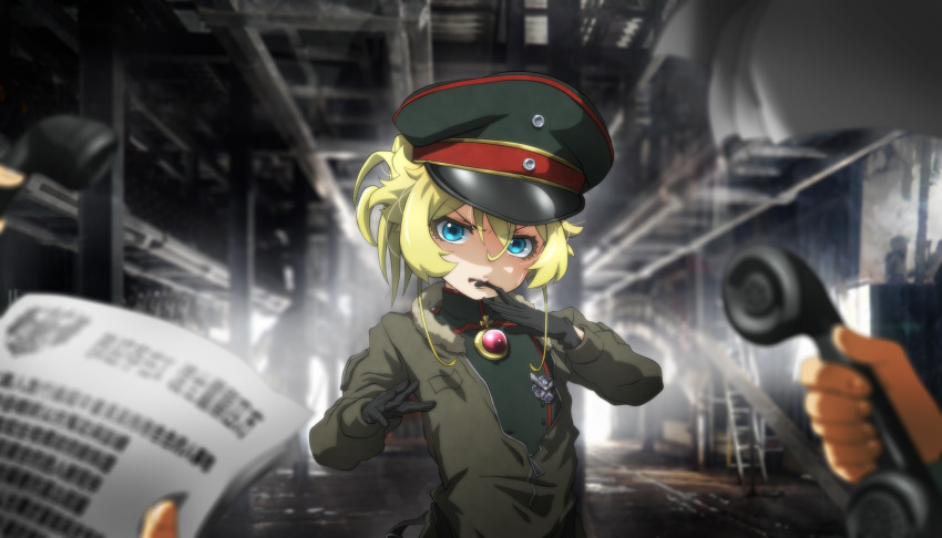 1girl 1other biting black_gloves blonde_hair blurry brooch cross depth_of_field genya_(genya67) biting_glove gloves hat highres holding holding_paper holding_phone iron_cross jewelry looking_at_viewer military military_hat military_uniform paper phone pov soldier tanya_degurechaff upper_body youjo_senki