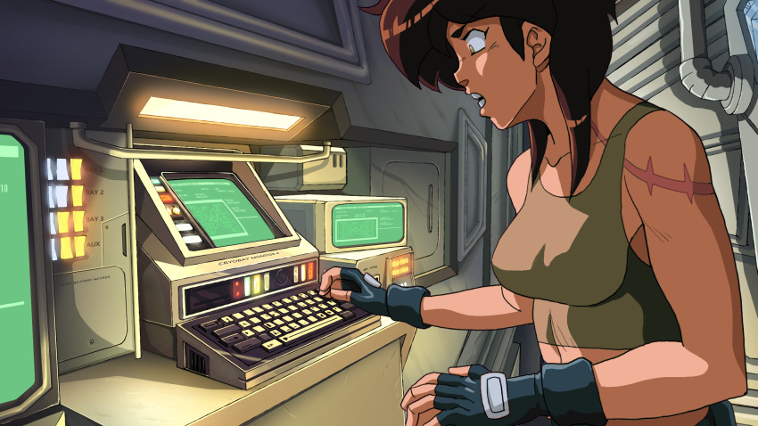 1990s_(style) 1girl alien:_monday alien_(series) ashlin_(alien:_monday) black_gloves breasts brown_hair commentary computer computer_keyboard crop_top english_commentary fingerless_gloves gloves green_tank_top highres medium_breasts midriff otaking profile retro_artstyle scar scar_on_neck scar_on_shoulder science_fiction solo tank_top upper_body