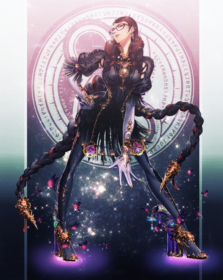 1girl absurdres amulet ankle_gun bad_id bad_twitter_id bayonetta bayonetta_(series) bayonetta_3 black-framed_eyewear black_hair braid braided_twintails breasts earrings elbow_gloves eyeshadow full_body galaxy glasses gloves gold_trim gun hand_on_own_hip highres jewelry kara_namako large_breasts lips lipstick long_hair magic_circle makeup mole mole_under_mouth official_alternate_hairstyle pillarboxed puffy_short_sleeves puffy_sleeves purple_eyeshadow red_lips red_ribbon ribbon short_sleeves smile solo star_(sky) swept_bangs twitter_username very_long_hair weapon white_gloves