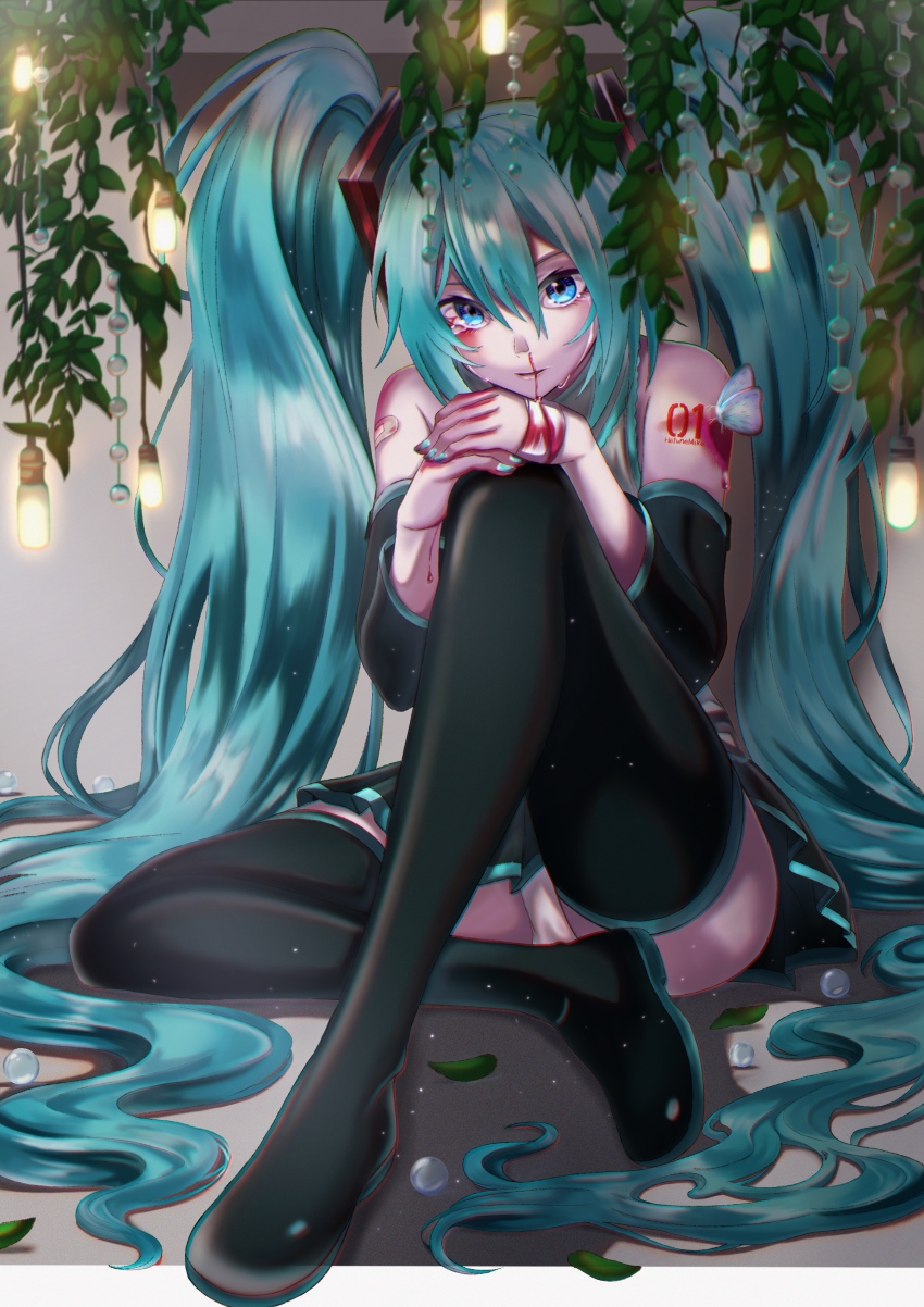 1girl absurdly_long_hair absurdres aqua_hair aqua_nails arm_tattoo bad_id bad_pixiv_id bandages bandaid bandaid_on_arm black_boots black_skirt black_sleeves blood blood_on_arm blood_on_face blood_on_hands blue_eyes boots bug butterfly butterfly_on_arm character_name commentary_request crying crying_with_eyes_open detached_sleeves eyebrows_hidden_by_hair floor full_body grey_shirt hair_between_eyes hair_ornament hanging_light hatsune_miku highres insect knee_up leaf long_hair looking_at_viewer nail_polish nosebleed number_tattoo panties pantyshot parted_lips pleated_skirt shirt sidelocks sitting skirt sleeveless sleeveless_shirt solo tattoo tears thigh_boots three-quarter_sleeves tirudo29 twintails underwear very_long_hair vocaloid wall white_butterfly white_panties