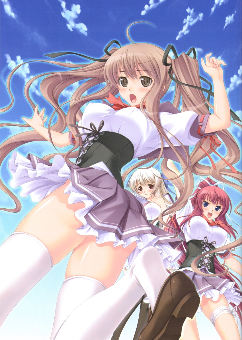 3girls :o absurdres ahoge black_legwear blue_eyes blue_sky breasts brown_eyes brown_hair cloud corset day covered_erect_nipples fusataka_shikibu hayasaka_natsumi hiakari_haruka highres large_breasts looking_at_viewer multiple_girls pink_hair ponytail puffy_short_sleeves puffy_sleeves purple_skirt red_eyes saimin_seikatsu short_sleeves skirt sky tatsumi_makino thighhighs twintails underbust white_hair white_legwear