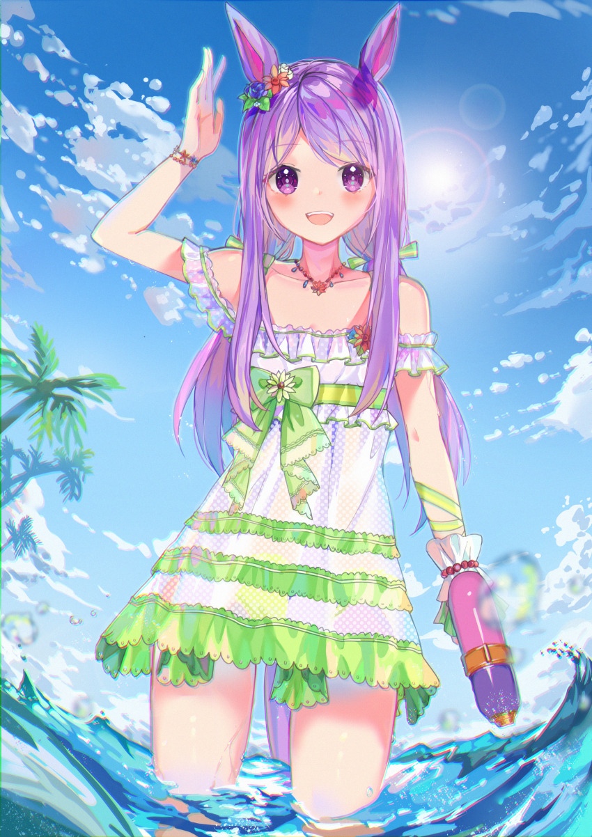 1girl absurdres animal_ears blue_sky bracelet chinese_commentary cloud cloudy_sky commentary_request cowboy_shot day dress dress_swimsuit ear_ornament green_dress green_ribbon hair_ribbon highres hiroshi_(xswl_1919007) holding holding_water_gun horse_ears horse_girl horse_tail jewelry long_hair looking_at_viewer low_twintails mejiro_mcqueen_(ripple_fairlady)_(umamusume) mejiro_mcqueen_(umamusume) necklace ocean off-shoulder_dress off_shoulder official_alternate_costume open_mouth outdoors palm_tree purple_eyes purple_hair ribbon short_dress sky smile solo standing tail tree twintails two-tone_dress umamusume wading water water_gun white_dress