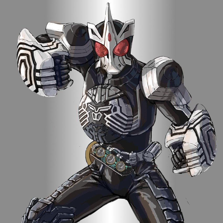 1boy belt clenched_hand clenched_hands compound_eyes highres kamen_rider kamen_rider_ooo kamen_rider_ooo_(series) male_focus medal power_fist sagohzo_(ooo_combo) solo washi