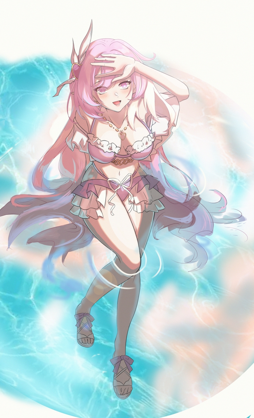 1girl absurdres bare_shoulders bikini breasts covering_face diamond-shaped_pupils diamond_(shape) elf elysia_(herrscher_of_human:_ego)_(honkai_impact) elysia_(honkai_impact) elysia_(summer_2023)_(honkai_impact) frilled_bikini frills full_body hair_between_eyes hair_ornament highres honkai_(series) honkai_impact_3rd large_breasts li_shijin long_hair multicolored_hair navel official_alternate_costume open_mouth partially_submerged pink_hair pointy_ears purple_bikini purple_eyes sandals smile solo stomach streaked_hair swimsuit symbol-shaped_pupils toes very_long_hair water white_hair