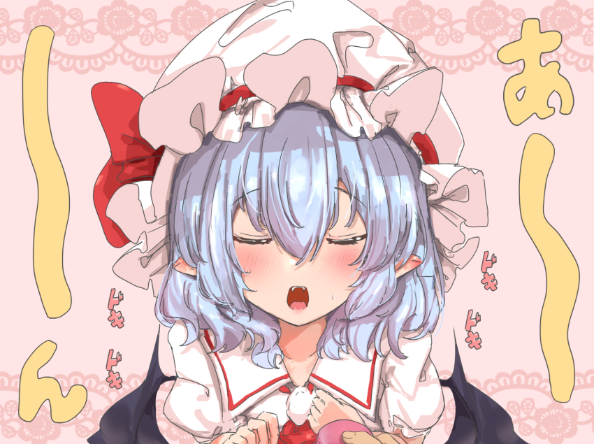 1girl 1other ascot bat_wings blue_hair blush brooch collarbone ear_blush ei_tantan closed_eyes fangs food from_above hair_between_eyes hat jewelry medium_hair mob_cap open_mouth pink_background pointy_ears pov pov_hands red_ascot remilia_scarlet shirt simple_background solo_focus tongue touhou upper_body white_headwear white_shirt wings