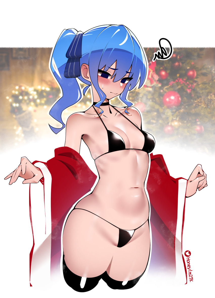 1girl absurdres bare_shoulders bikini black_bikini black_thighhighs blue_eyes blue_hair blush breasts choker christmas_tree commentary cropped_legs english_commentary highres hololive hoshimachi_suisei japanese_clothes kimono kok_(honeymelon) long_hair micro_bikini navel off_shoulder side_ponytail small_breasts solo sweatdrop swimsuit thighhighs variant_set virtual_youtuber