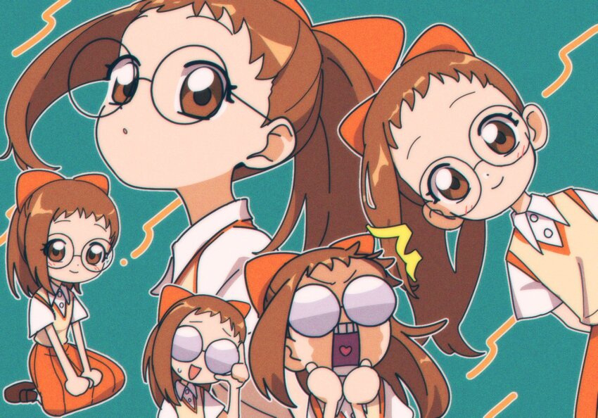 1girl :o ^^^ adjusting_eyewear aqua_background black-framed_eyewear blush bow brown_eyes brown_hair child closed_mouth collared_shirt commentary_request dot_nose dress_shirt fujiwara_hazuki glasses hair_bow looking_at_viewer medium_hair multiple_views nzeneee ojamajo_doremi open_mouth orange_bow orange_skirt round_eyewear shirt short_bangs short_sleeves simple_background single_sidelock sitting skirt smile surprised sweater_vest white_shirt yellow_sweater_vest