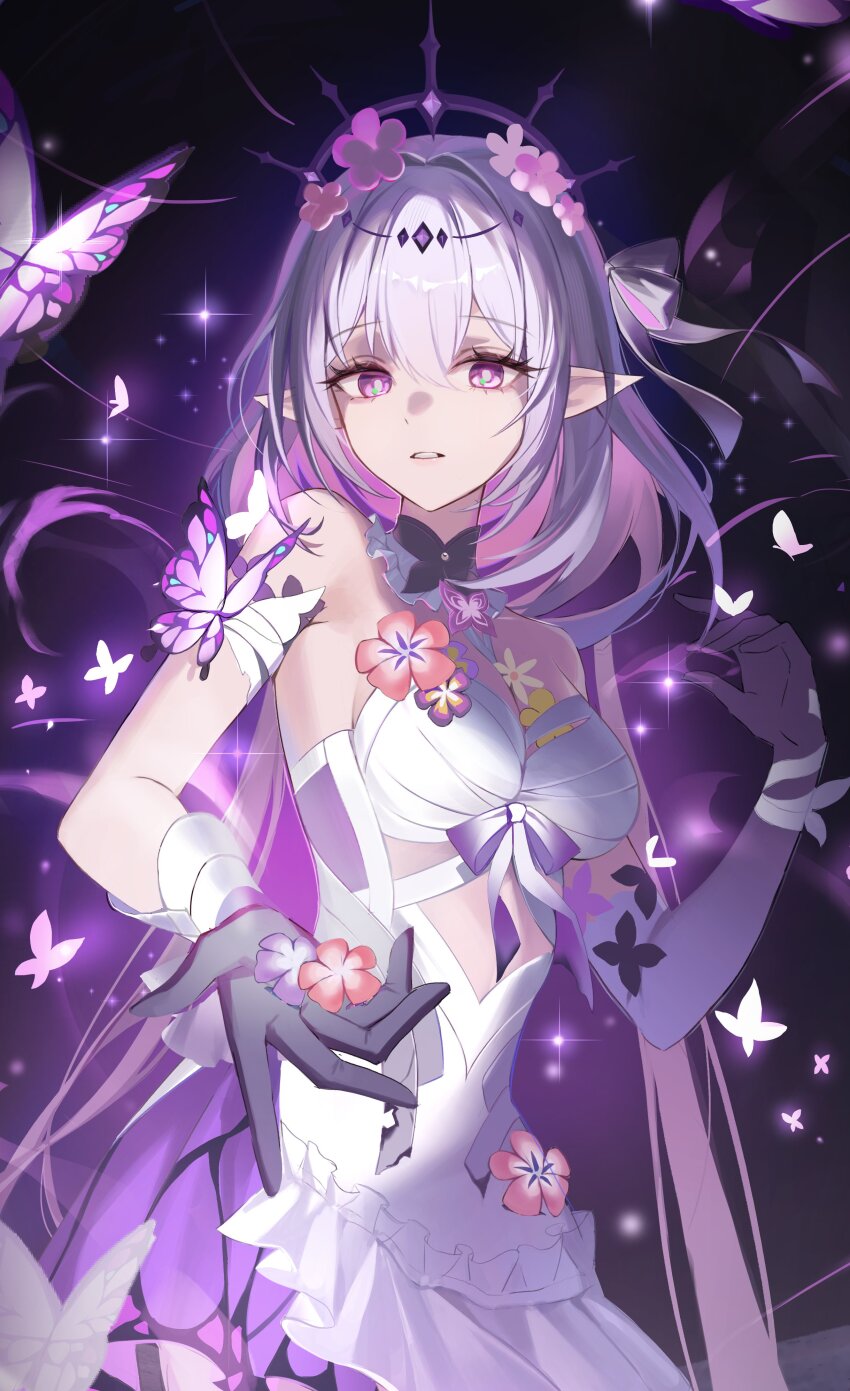 1girl absurdres bare_shoulders breasts bug butterfly castorice_(honkai:_star_rail) commentary cowboy_shot dark_background dress elbow_gloves flower gloves hair_flower hair_ornament hand_up highres honkai:_star_rail honkai_(series) insect large_breasts long_hair looking_at_viewer parted_lips pointy_ears purple_background purple_butterfly purple_eyes purple_flower purple_gloves purple_hair single_elbow_glove sohan_(sohan_416) solo unfinished very_long_hair white_dress