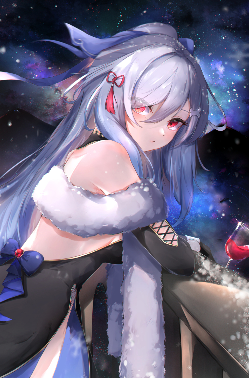 1girl against_railing alternate_costume backless_dress backless_outfit bare_back bare_shoulders black_gloves closed_mouth cup detached_sleeves dress drinking_glass elphe fur_collar gloves high_ponytail highres honkai:_star_rail honkai_(series) jingliu_(honkai:_star_rail) long_hair looking_at_viewer night night_sky ponytail railing red_eyes red_wine sky solo strapless strapless_dress white_hair wine wine_glass