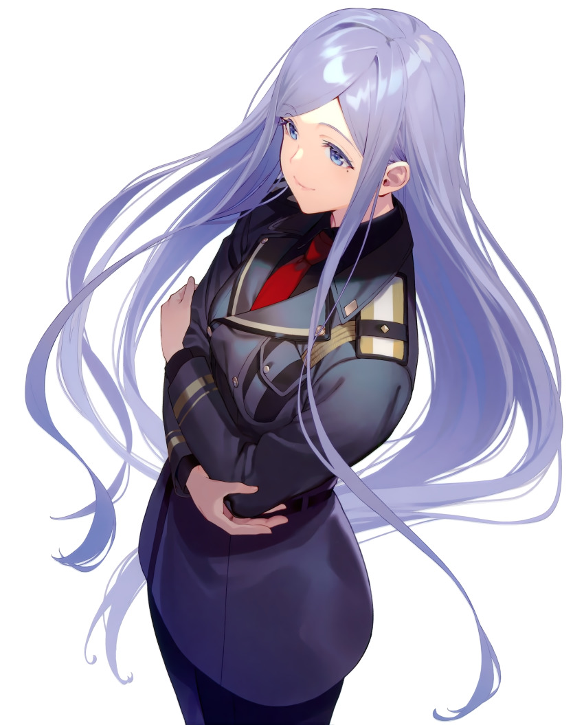 1girl 86_-eightysix- absurdres anju_emma blue_eyes blue_hair closed_mouth collared_shirt cowboy_shot crossed_arms floating_hair grey_jacket grey_shirt highres jacket long_hair long_sleeves military military_uniform mole mole_under_eye necktie parted_bangs red_necktie shirt simple_background smile solo standing straight_hair very_long_hair white_background wing_collar