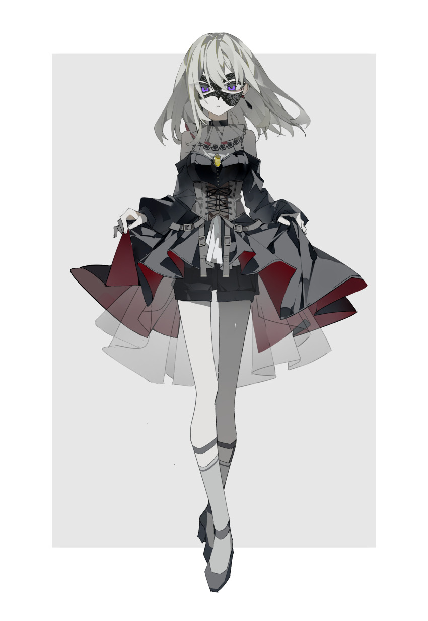 1girl absurdres bang_dream! bang_dream!_it&#039;s_mygo!!!!! black_dress black_footwear black_mask black_shorts border clothing_cutout commentary dress earrings english_commentary floating_hair full_body grey_background grey_corset grey_hair hair_between_eyes highres jewelry kneehighs long_sleeves looking_at_viewer mask masquerade_mask medium_hair misumi_uika outside_border purple_eyes shorts shorts_under_dress shoulder_cutout simple_background skirt_hold socks solo white_border white_socks yellow_brooch yiyu28636899