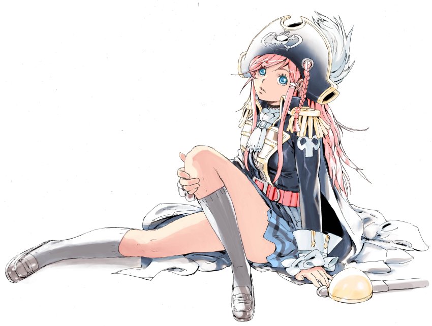 1girl absurdres black_socks braid female_focus full_body highres katou_marika kneehighs miniskirt_pirates pink_hair pirate_costume simple_background sitting socks solo yasuda_akira