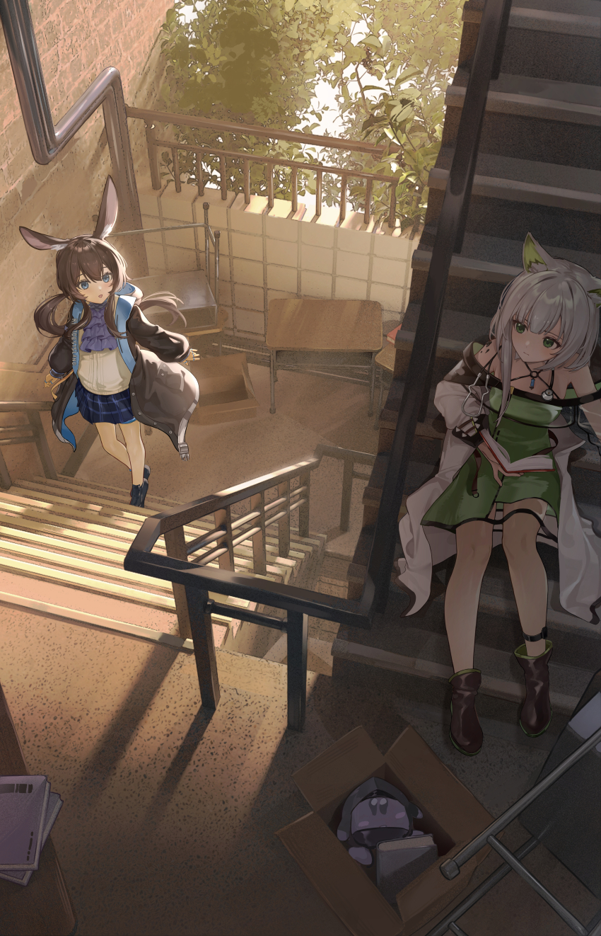 2girls absurdres amiya_(arknights) animal_ear_fluff animal_ears arknights ascot blue_ascot blue_eyes blue_skirt book box brown_hair cardboard_box cat_ears coat commentary_request cosplay desk doctor_(arknights) doctor_(arknights)_(cosplay) dress green_dress green_eyes grey_hair highres holding holding_book hood hood_down hooded_coat jacket kal&#039;tsit_(arknights) material_growth multiple_girls oeuia open_clothes open_coat open_jacket oripathy_lesion_(arknights) plaid_clothes plaid_skirt rabbit_ears school_desk sitting sitting_on_stairs skirt stairs