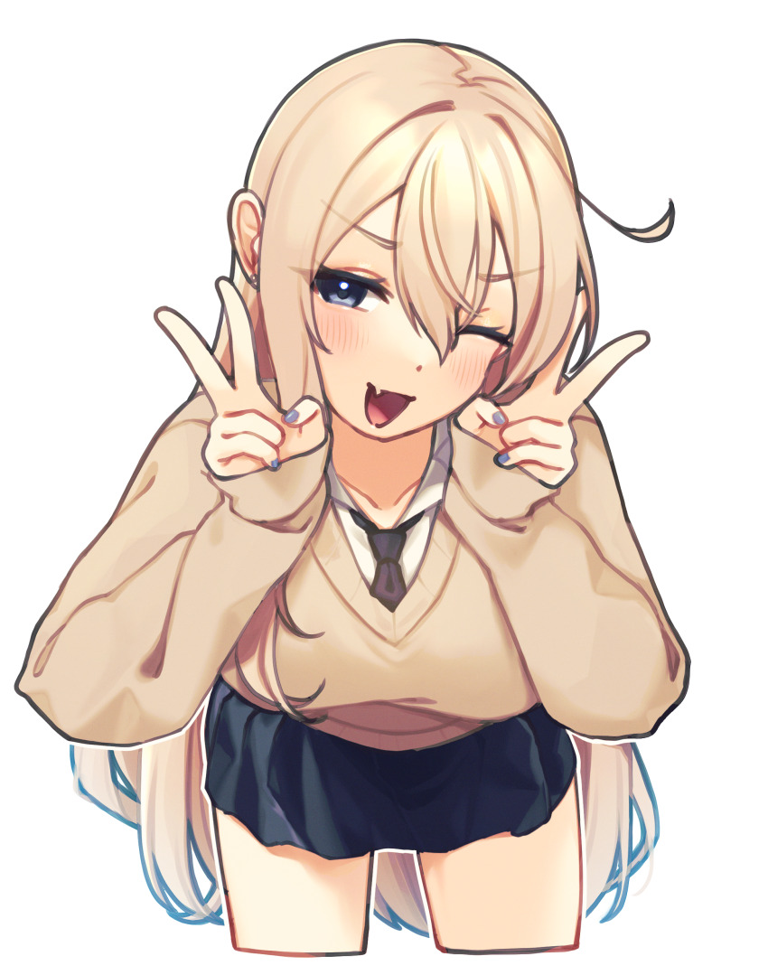 1girl :d absurdres black_necktie black_skirt blonde_hair blue_eyes blue_nails blush brown_sweater collarbone collared_shirt cropped_legs double_v eyelashes fang gyaru hair_between_eyes half-closed_eye hands_up head_tilt highres leaning_forward long_hair long_sleeves looking_at_viewer miniskirt nail_polish necktie one_eye_closed open_mouth original pleated_skirt shirt side_ahoge simple_background single_sidelock skin_fang skirt sleeves_past_wrists smile solo straight_hair suimei333 sweater v v-shaped_eyebrows very_long_hair white_background white_shirt