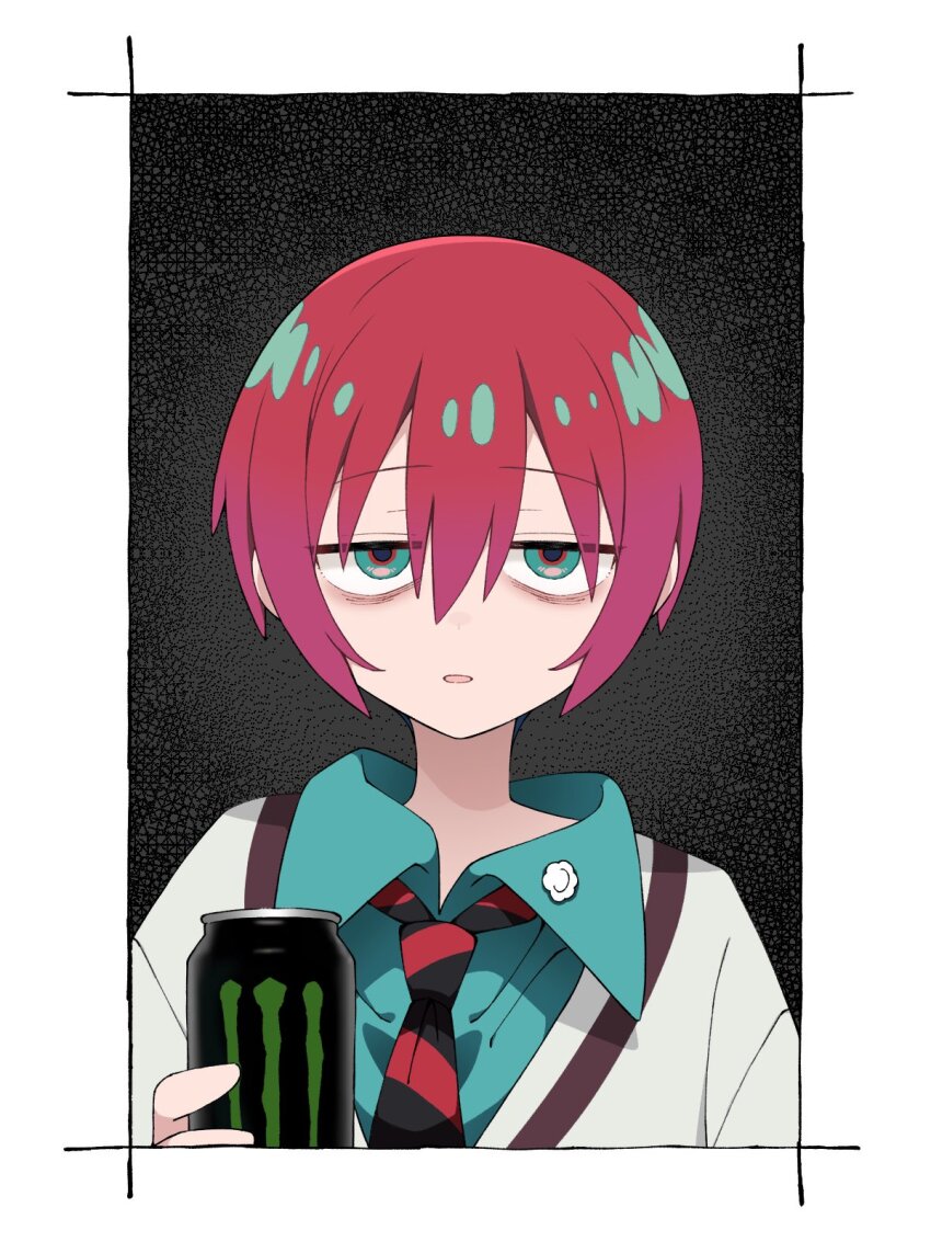 1girl amate_yuzuriha aqua_eyes aqua_shirt bags_under_eyes black_necktie border can collared_shirt commentary_request energy_drink gundam gundam_gquuuuuux hair_between_eyes highres holding holding_can jitome monster_energy necktie open_mouth red_hair red_necktie sabi1234 shirt short_hair solo striped_necktie sweater upper_body white_border white_sweater