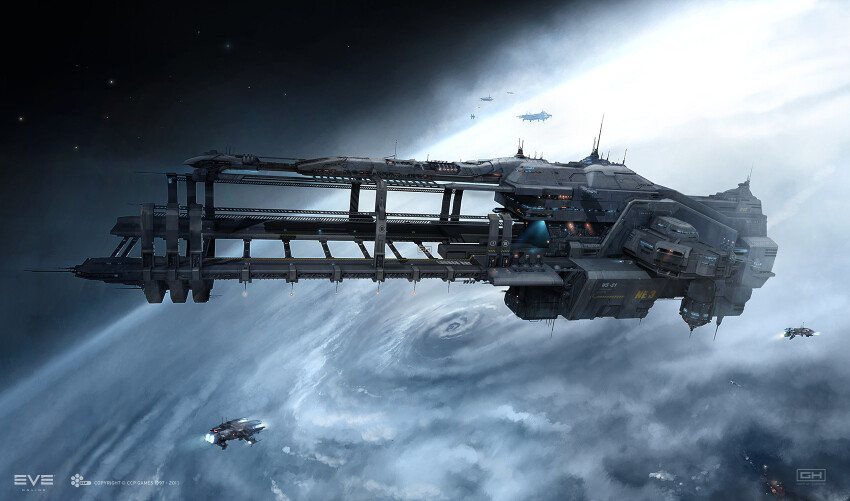 artist_logo building caldari_state_(eve_online) cloud commentary company_logo company_name concept_art copyright_name dated eve_online flying georg_hilmarsson glowing grey_theme highres in_orbit logo machinery no_humans official_art outdoors radio_antenna realistic scenery science_fiction sky space space_station spacecraft star_(sky) stargate_(eve_online) starry_sky thrusters typhoon