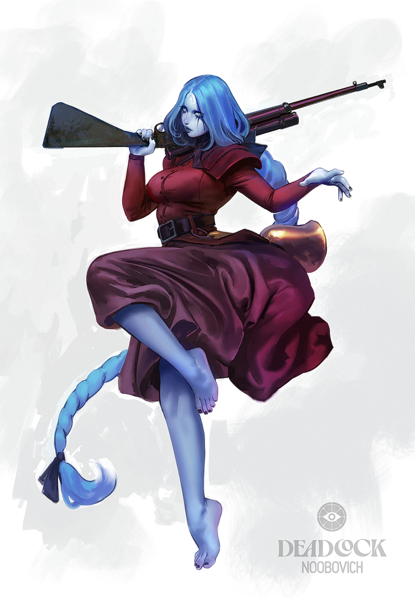 1girl artist_name barefoot bell belt belt_buckle black_nails blue_eyes blue_hair blue_lips blue_skin braid breasts buckle character_request closed_mouth colored_skin copyright_name deadlock dress facial_mark feet floating forehead forehead_mark full_body gun hands_up highres holding holding_gun holding_weapon ibrahem_swaid knees large_breasts leg_up lips long_braid long_hair long_sleeves looking_at_viewer nail_polish nose open_hand over_shoulder parted_hair plantar_flexion red_dress rifle shoulder_pads simple_background single_braid solo toenail_polish toenails toes very_long_hair vindicta_(deadlock) weapon weapon_over_shoulder white_background yellow_eyes