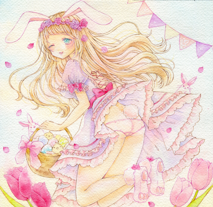 1girl amu_(m_aa) animal_ears aqua_eyes basket blonde_hair breasts bunting commentary_request cross-laced_clothes cross-laced_dress dress easter easter_egg egg flower from_behind full_body fur-trimmed_shoes head_wreath highres holding holding_basket jumping long_hair looking_at_viewer looking_back one_eye_closed open_mouth original painting_(medium) panties pantyshot paw_shoes pink_flower pink_panties pink_shoes pink_tulip puffy_short_sleeves puffy_sleeves purple_dress purple_flower purple_rose rabbit rabbit_ears rabbit_girl rabbit_tail red_flower red_rose rose short_sleeves small_breasts smile solo tail traditional_media tulip underwear watercolor_(medium)