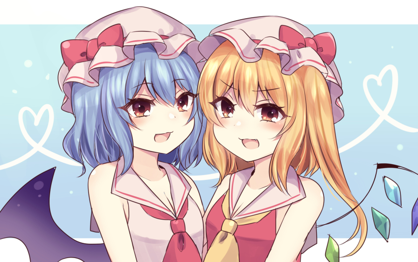 2girls :3 :d ascot bat_wings blonde_hair blue_background border bow breasts cleavage crystal fang flandre_scarlet hat hat_bow highres looking_at_viewer medium_hair mob_cap multiple_girls open_mouth pink_headwear red_ascot red_bow red_eyes remilia_scarlet short_hair siblings side_ponytail sisters sleeveless small_breasts smile subaru_(subachoco) touhou upper_body v-shaped_eyebrows white_border wings yellow_ascot