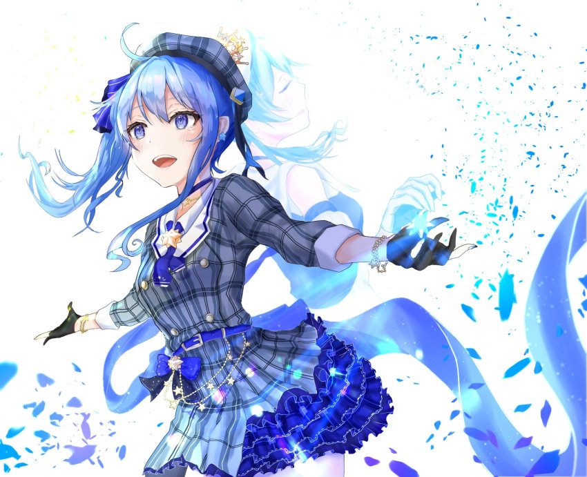 1girl beret blue_eyes blue_hair blue_nails blue_ribbon bracelet choker crown earrings gloves grey_hat hat highres hololive hoshimachi_suisei hoshimachi_suisei_(1st_costume) jacket jewelry mugiusagi nail_polish necklace open_mouth partially_fingerless_gloves plaid_clothes plaid_hat plaid_jacket plaid_skirt ribbon side_ponytail simple_background skirt solo star_(symbol) star_earrings star_in_eye star_necklace symbol_in_eye virtual_youtuber white_background