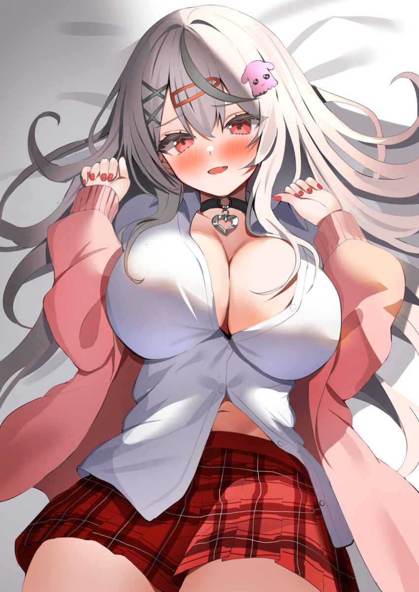 1girl aa44 black_choker blush breasts cardigan choker commentary grey_hair hair_ornament hairclip highres hololive large_breasts long_hair looking_at_viewer lying navel on_back pink_cardigan red_eyes red_skirt sakamata_chloe sakamata_chloe_(gyarumata) school_uniform shirt skirt solo virtual_youtuber white_shirt