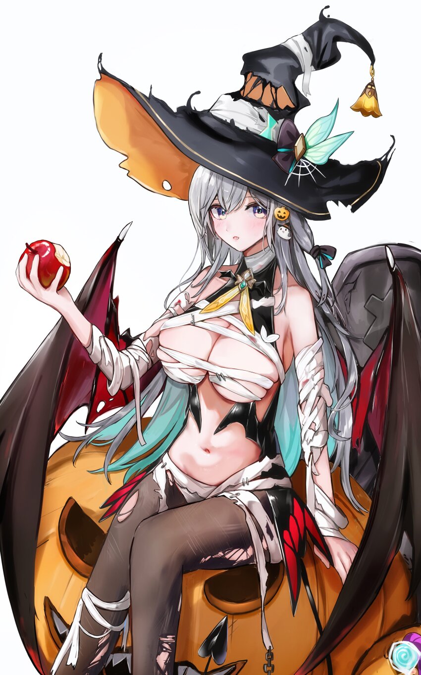 1girl absurdres alternate_costume apple bandages bat_wings black_hairband black_pantyhose breasts cleavage dana_(hapong07) firefly_(honkai:_star_rail) food fruit grey_hair hair_between_eyes hair_ornament hairband halloween_costume hat highres holding holding_food holding_fruit honkai:_star_rail honkai_(series) jack-o&#039;-lantern large_breasts long_hair looking_at_viewer naked_bandage navel neckerchief orange_neckerchief pantyhose parted_lips simple_background sitting solo torn_clothes torn_hat torn_pantyhose two-tone_eyes wings witch_hat