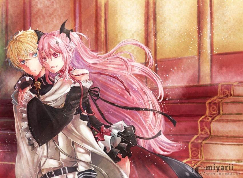 1boy 1girl black_dress black_ribbon black_sleeves blonde_hair blue_eyes cape choker detached_sleeves dress floating_hair frilled_sleeves frills hair_between_eyes hair_ornament hug hug_from_behind hyakuya_mikaela interlocked_fingers jacket krul_tepes long_hair long_sleeves military military_jacket military_uniform owari_no_seraph own_hands_together pink_eyes pink_hair pointy_ears ribbon short_dress sleeveless sleeveless_dress very_long_hair white_cape white_jacket wide_sleeves ya-rriii