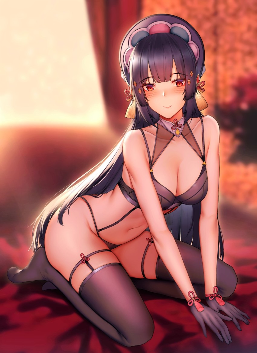 1girl black_bra black_gloves black_hair black_panties black_thighhighs blunt_bangs blurry blurry_background blush bra breasts cleavage closed_mouth collarbone full_body genshin_impact gloves highres kitsune_udon_(qtsuneudon) kneeling leaning_forward long_hair looking_at_viewer medium_breasts navel panties red_eyes smile solo thigh_strap thighhighs underwear underwear_only very_long_hair yun_jin_(genshin_impact)