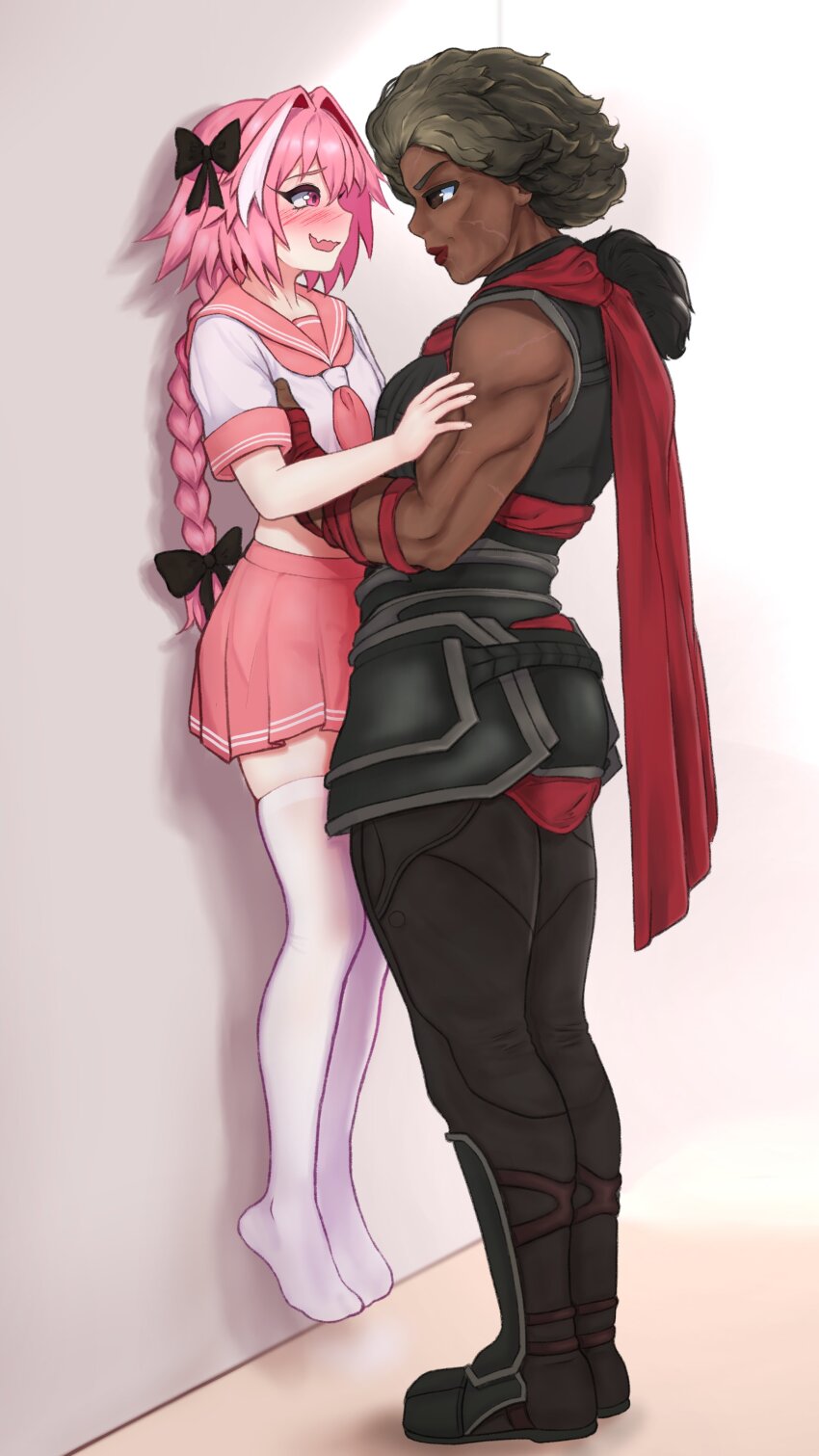 1boy 1girl :d absurdres against_wall ambessa_medarda astolfo_(fate) black_bow black_footwear blush bow braid dark-skinned_female dark_skin eye_contact fate_(series) hair_bow highres lauren_phillips_lifting_alice_merchesi_(meme) league_of_legends lifting_person looking_at_another meme miniskirt multicolored_hair muscular muscular_female neckerchief no_shoes open_mouth pink_eyes pink_neckerchief pink_sailor_collar pink_shirt pink_skirt pleated_skirt sailor_collar school_uniform shirt short_hair sizigia skirt smile tall_female thighhighs trap two-tone_hair two-tone_shirt wavy_mouth white_shirt white_thighhighs zettai_ryouiki