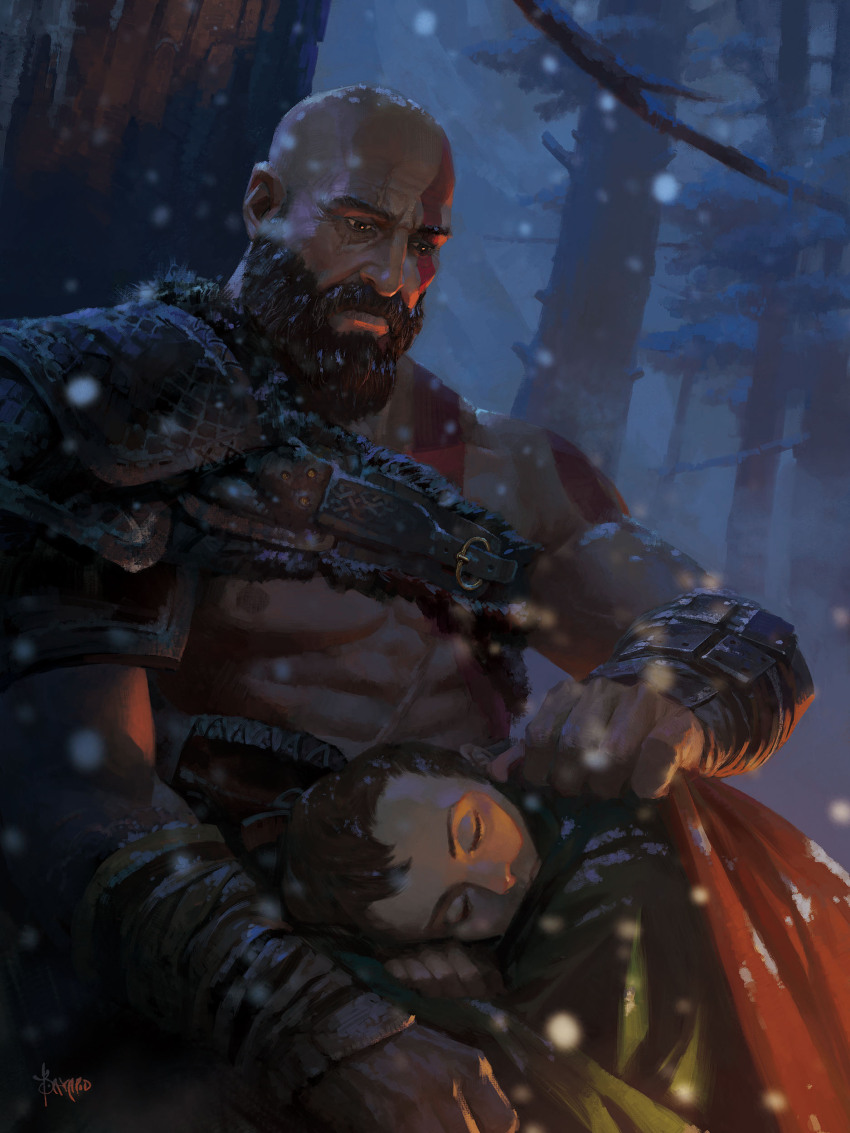 2boys abs absurdres against_tree arm_belt arm_up armor atreus bare_pectorals bare_tree bayard_wu beard belt belt_buckle black_hair blanket brown_eyes brown_hair buckle chest_belt child closed_eyes commentary covering_with_blanket english_commentary facial_hair father_and_son forest god_of_war god_of_war_ragnarok highres kratos_(god_of_war) lap_pillow leather_armor looking_at_another male_focus mature_male multiple_belts multiple_boys muscular muscular_male nature night nipples outdoors pectorals scar scar_across_eye scar_on_face short_hair sitting snow snowing tattoo tree