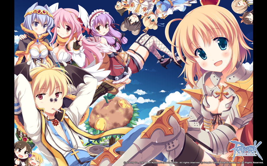 4boys 6+girls anniversary apple_on_head arch_bishop_(ragnarok_online) armor armored_boots arms_up arrow_through_apple bikini_armor black_cape black_choker black_footwear black_gloves black_tank_top black_thighhighs black_wings blonde_hair blue_coat blue_dress blue_eyes blue_hair blue_sky blush boots bow breastplate breasts brown_eyes brown_footwear brown_hair brown_horns cape choker cigarette cleavage cleavage_cutout closed_mouth clothing_cutout cloud coat copyright_notice corset cropped_jacket cross cross_choker cross_necklace cross_of_prontera crown demon_wings detached_sleeves dress expressionless feet_out_of_frame fingerless_gloves fishnet_thighhighs fishnets frilled_hairband frills full_body fur-trimmed_cape fur-trimmed_skirt fur-trimmed_sleeves fur_trim gauntlets glasses gloves green_corset hair_bow hair_intakes hairband hand_on_another&#039;s_shoulder head_wings high_heels highres horns jacket jewelry juliet_sleeves large_breasts logo long_hair long_sleeves looking_at_viewer medium_breasts medium_hair mini_crown miniskirt multiple_boys multiple_girls necklace odawara_hakone official_alternate_costume official_art official_wallpaper one_eye_closed open_mouth orange_bow pauldrons pillarboxed pince-nez pink_hair puffy_sleeves purple_eyes purple_hair ragnarok_online ranger_(ragnarok_online) red_cape red_eyes red_hairband red_skirt red_sleeves red_sports_bra round_eyewear rune_knight_(ragnarok_online) scarf shadow_chaser_(ragnarok_online) short_hair shoulder_armor sitting skirt sky slippers smile spiked_anklet spiked_pauldrons sports_bra stalker_(ragnarok_online) sunglasses tank_top thighhighs two-tone_dress vambraces w warlock_(ragnarok_online) white_dress white_jacket white_sleeves white_wings wings yellow_scarf