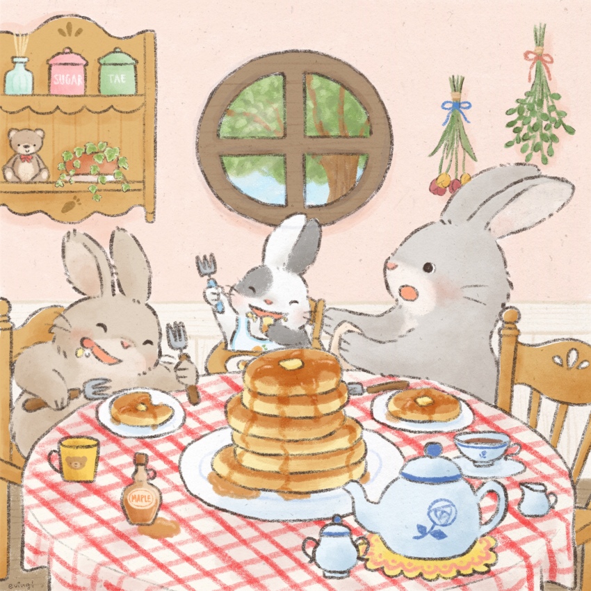 absurdres animal_focus baby bib butter closed_eyes cup dining_room eating eving food fork highres holding holding_fork maple_syrup napkin no_humans open_mouth original pancake pancake_stack plate rabbit round_window sugar_(food) tablecloth teacup teapot window