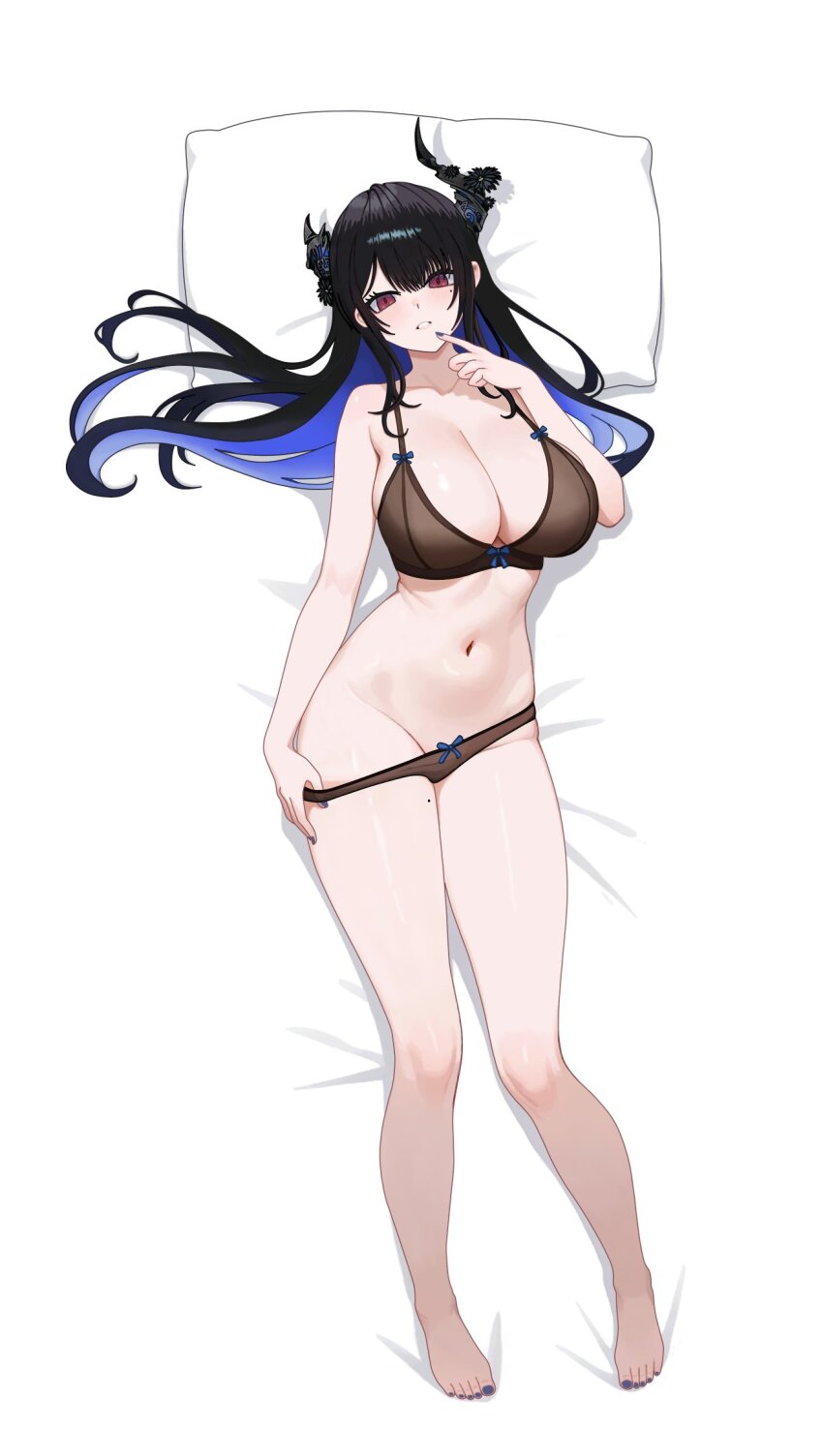 1girl asymmetrical_horns bare_shoulders black_bra black_hair black_panties blue_hair bra breasts cleavage colored_inner_hair demon_horns highres hololive hololive_english horns large_breasts long_hair lying mole mole_under_eye multicolored_hair navel navie2022 nerissa_ravencroft on_back panties panty_pull pillow purple_eyes simple_background underwear uneven_horns virtual_youtuber white_background