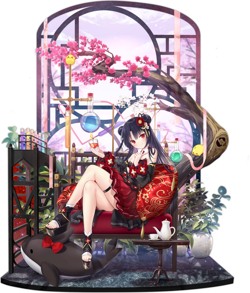 1girl azur_lane bare_shoulders black_dress black_footwear cup double_bun dress finger_to_own_chin full_body hair_bun highres holding holding_cup layered_dress long_hair looking_at_viewer official_alternate_costume official_art orca platform_footwear purple_hair red_dress red_eyes solo stuffed_animal stuffed_orca stuffed_toy teapot toeless_footwear transparent_background u-73_(azur_lane) u-73_(new_year&#039;s_chemistry)_(azur_lane) yano_mitsuki_(nanairo)