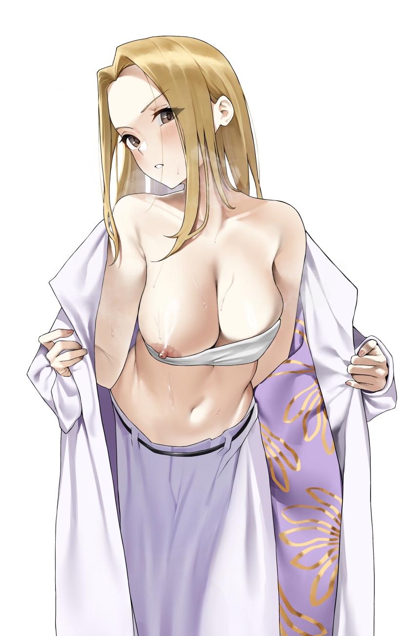 1girl absurdres bare_shoulders blonde_hair breasts brown_eyes cleavage cowboy_shot highres large_breasts light_blush long_hair long_skirt looking_at_viewer nail_polish nipples off_shoulder original purple_robe purple_skirt robe saya_endo_(27) simple_background skirt solo stomach upper_body wet white_background