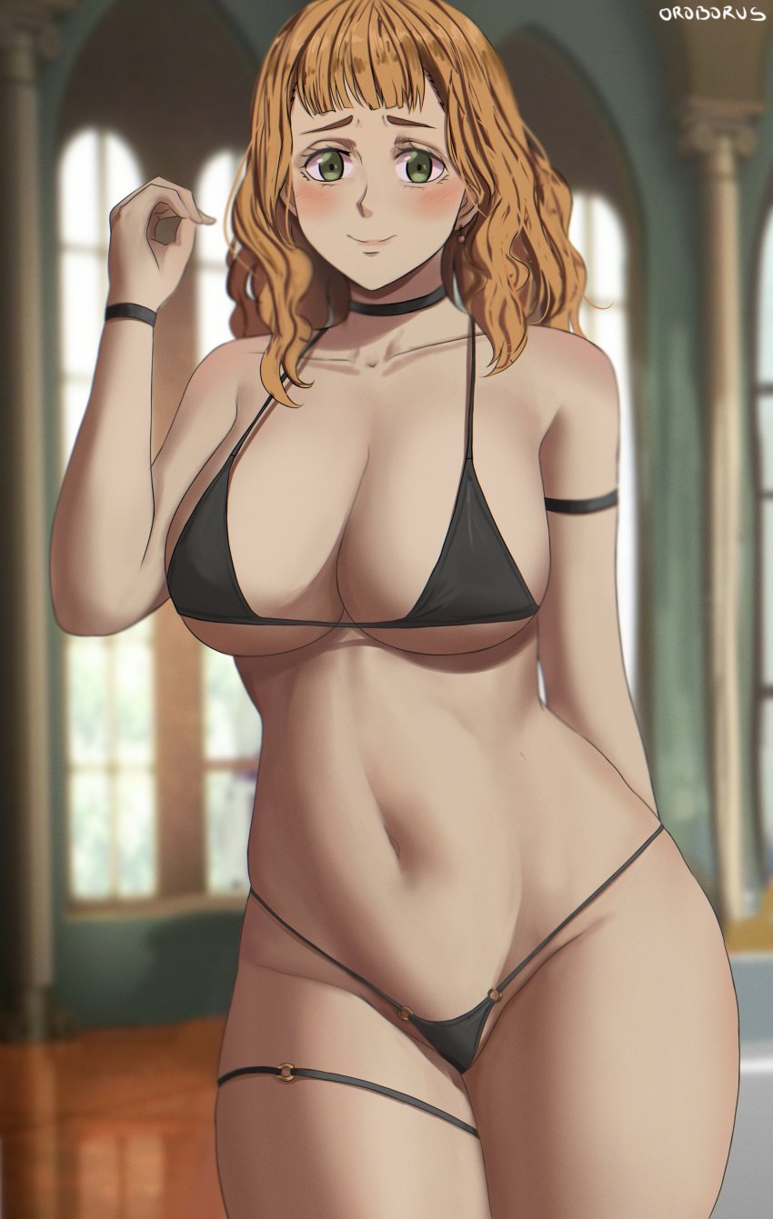 1girl absurdres bare_shoulders bikini black_bikini black_clover blush breasts collar earrings green_eyes highres jewelry large_breasts long_hair mimosa_vermillion orange_hair oroborus smile swimsuit tagme