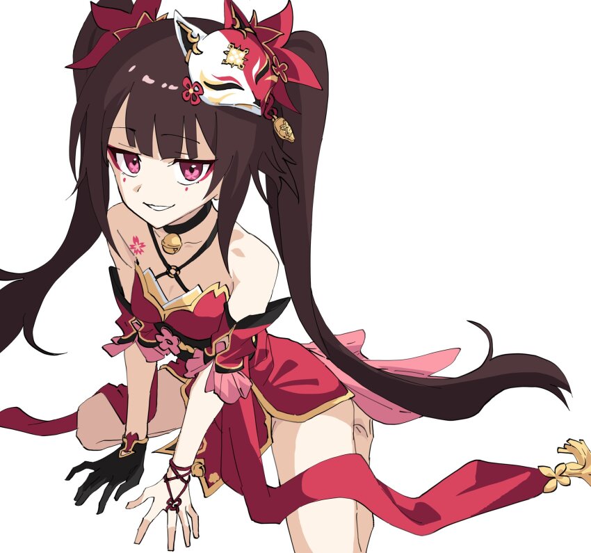 1girl bare_shoulders bell black_choker black_gloves breasts brown_hair choker cleavage dress facial_mark fox_mask gloves grin highres honkai:_star_rail honkai_(series) jingle_bell kneeling long_hair looking_at_viewer mask mask_on_head momomatang neck_bell pose_request red_dress red_eyes simple_background single_glove small_breasts smile solo sparkle_(honkai:_star_rail) twintails white_background wispy_bangs