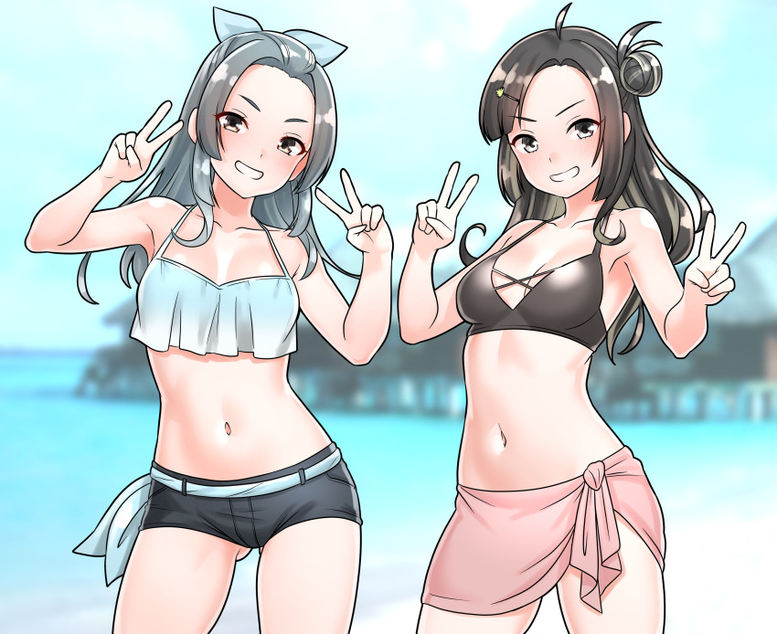 2girls absurdres ahoge bikini black_bikini black_eyes black_hair black_shorts blue_bikini blue_bow bow collarbone commentary_request double_v furaggu_(frag_0416) grey_hair grin hair_bow hair_bun hands_up highres kantai_collection long_hair looking_at_viewer makinami_(kancolle) multiple_girls navel ocean pink_sarong sarong shorts single_side_bun smile standing stomach suzunami_(kancolle) suzunami_(swimsuit_mode)_(kancolle) swimsuit teeth thighs v variant_set