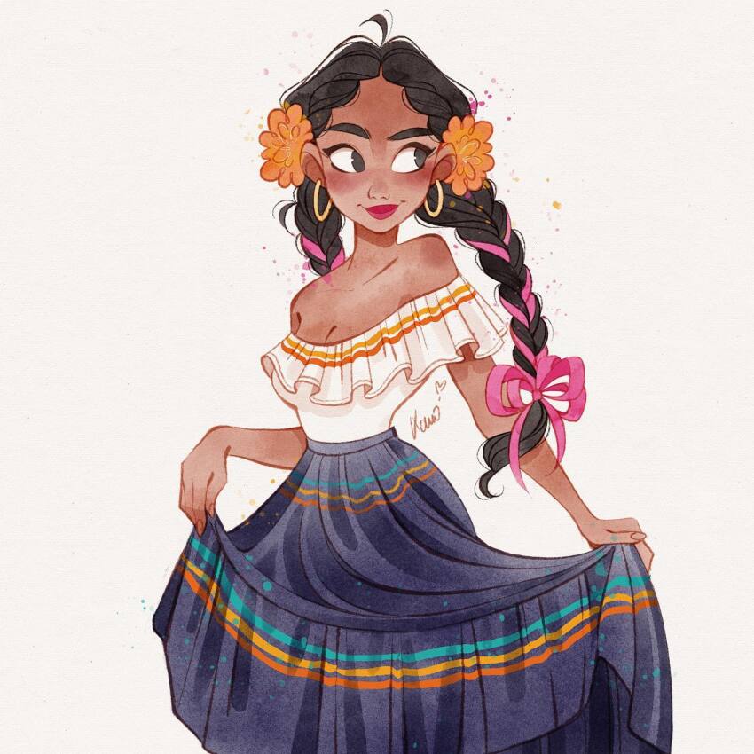 1girl bare_shoulders black_eyes blue_skirt blush braid clothes_lift collarbone commentary draw_this_in_your_style_challenge earrings english_commentary flower frilled_shirt frills grey_background hair_behind_ear hair_flower hair_ornament hair_ribbon highres hoop_earrings jewelry karoline_pietrowski looking_to_the_side mexican_clothes off-shoulder_shirt off_shoulder orange_flower original pink_ribbon procreate_(medium) ribbon shirt shirt_tucked_in skirt skirt_lift smile solo twin_braids