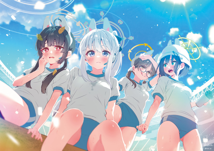 4girls :q alternate_costume black_hair blue_archive blue_buruma blue_eyes blue_halo blue_sky blush bright_pupils brown_hair buruma closed_mouth cloud commentary_request day green_halo grey_halo gym_shirt gym_uniform halo highres itsk_ne looking_at_another looking_at_viewer miyako_(blue_archive) miyu_(blue_archive) moe_(blue_archive) multiple_girls outdoors rabbit_platoon_(blue_archive) red_eyes round_eyewear saki_(blue_archive) shirt short_hair short_sleeves sitting sky thighs tongue tongue_out white_hair white_pupils white_shirt yellow_halo